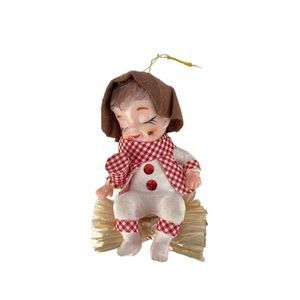 VTG Flocked Little Bugle Boy Christmas Ornament Nursery Rhyme 4" Gingham